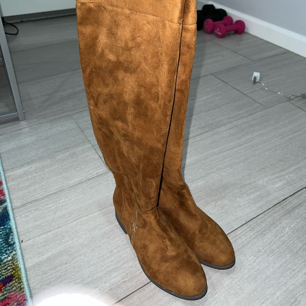Over the knee brown suede zip up boots